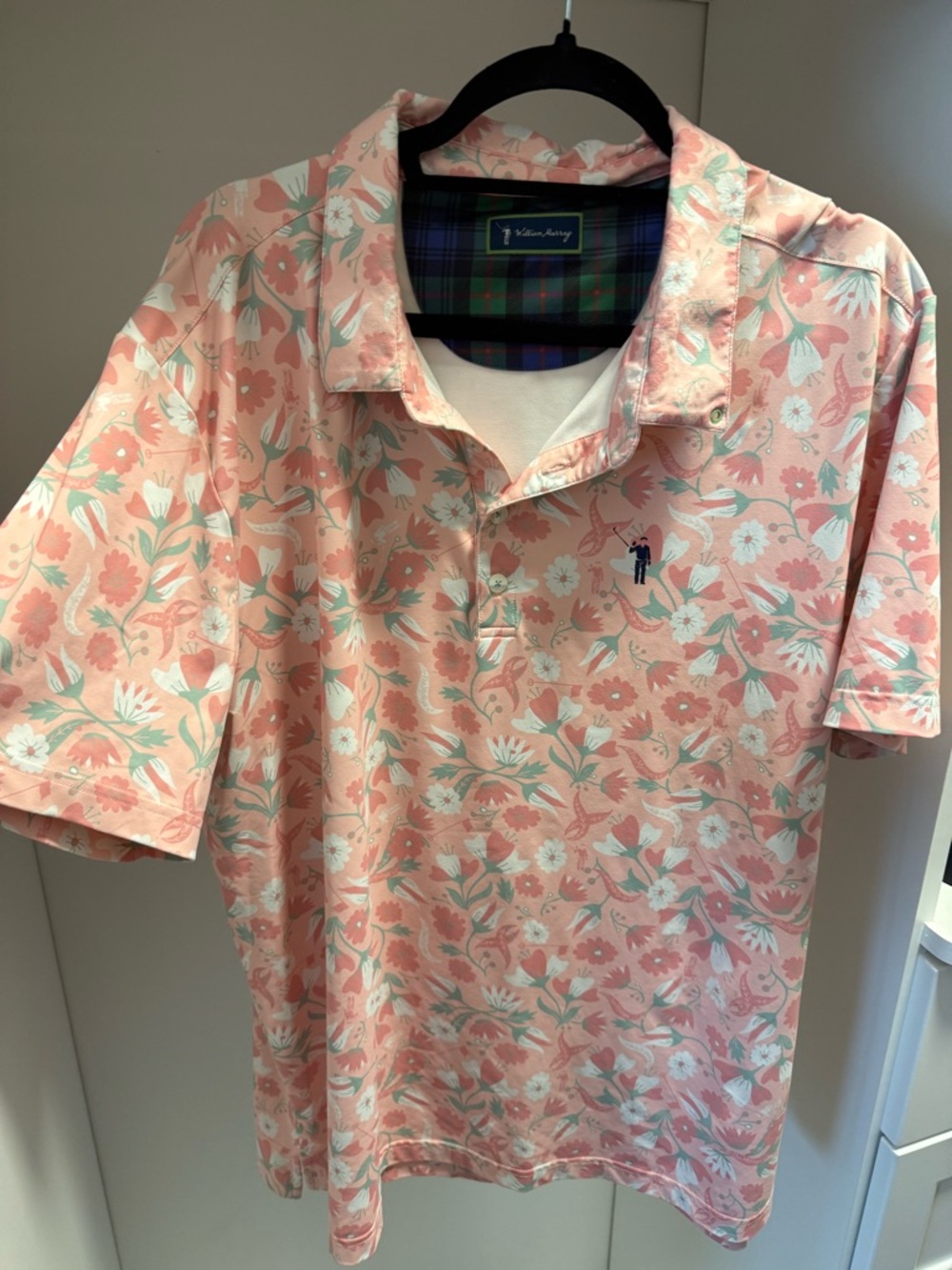 William Murray Golf Pink Floral Short Sleeve Polo with Embroidered Golfer